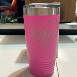Tumbler Pink hairstylist written on it with engraving of tools